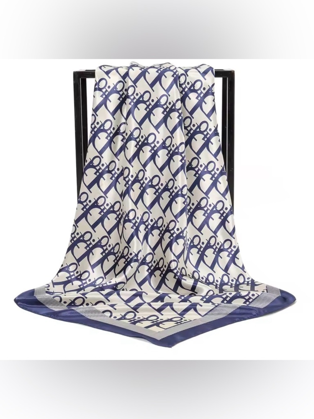 Silk-Look Navy & Cream Patterned Scarf